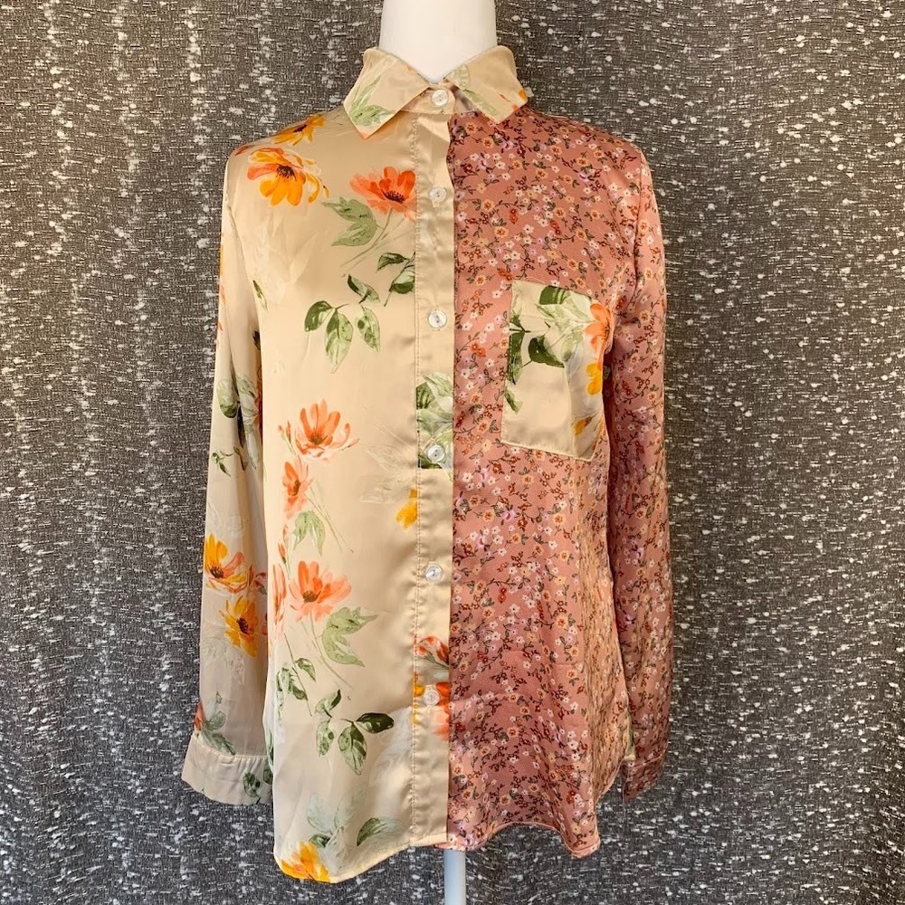 The ZigZag Stripe Floral Print Button Up Shirt Long Sleeve Satin Boho Women's S